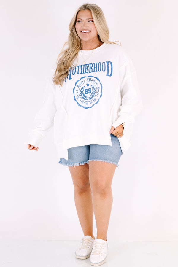 Chic Soul plus size clothing, white long sleeve crew neck with the word 