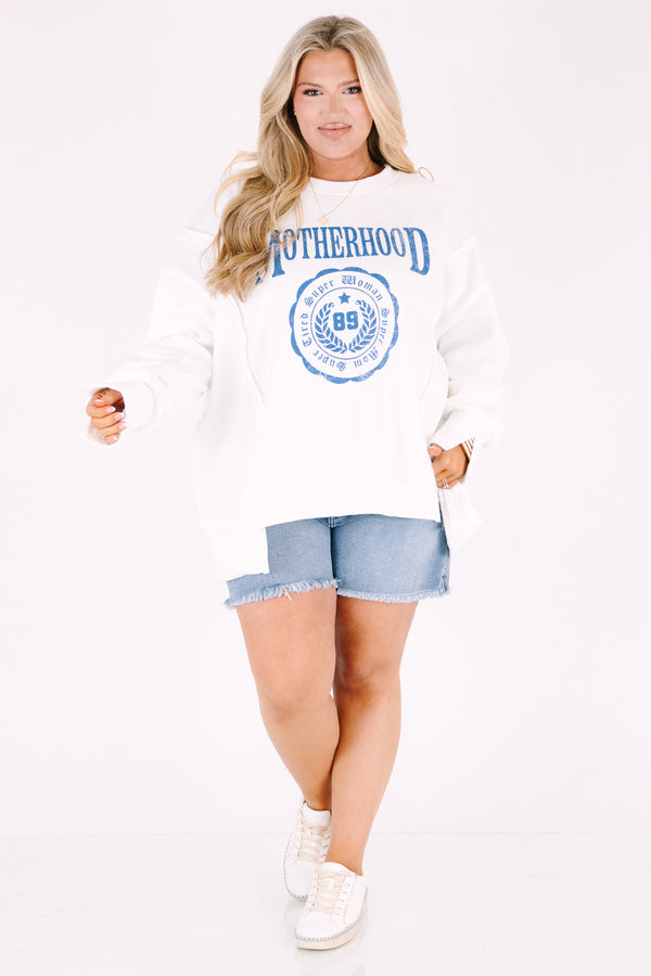 Chic Soul plus size clothing, white long sleeve crew neck with the word 