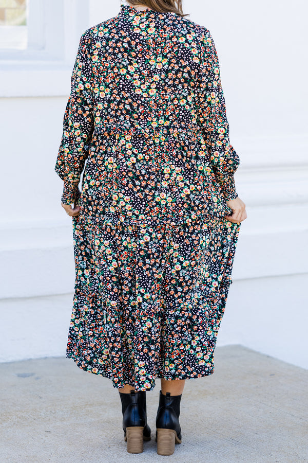 Chic Soul plus size clothing, black long sleeve midi dress with multi floral pattern with cuff sleeves and v neckline