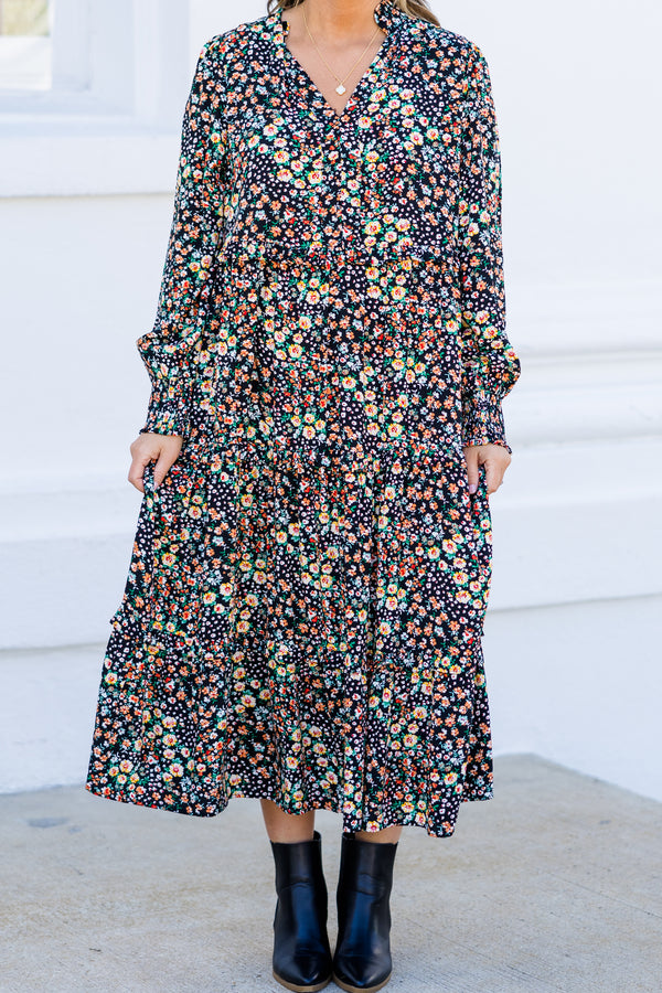 Chic Soul plus size clothing, black long sleeve midi dress with multi floral pattern with cuff sleeves and v neckline