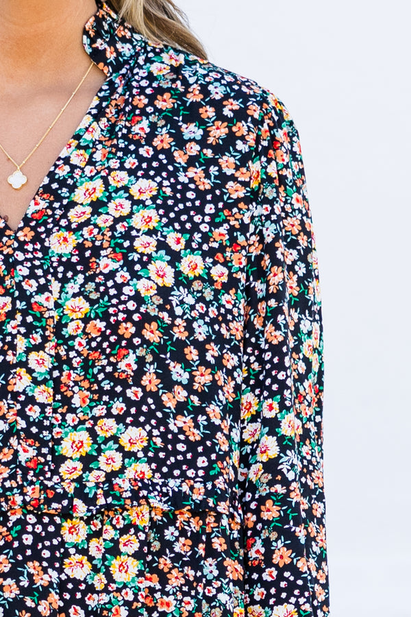 Chic Soul plus size clothing, black long sleeve midi dress with multi floral pattern with cuff sleeves and v neckline