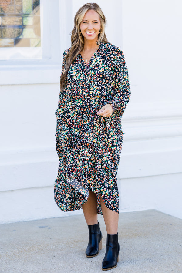 Chic Soul plus size clothing, black long sleeve midi dress with multi floral pattern with cuff sleeves and v neckline