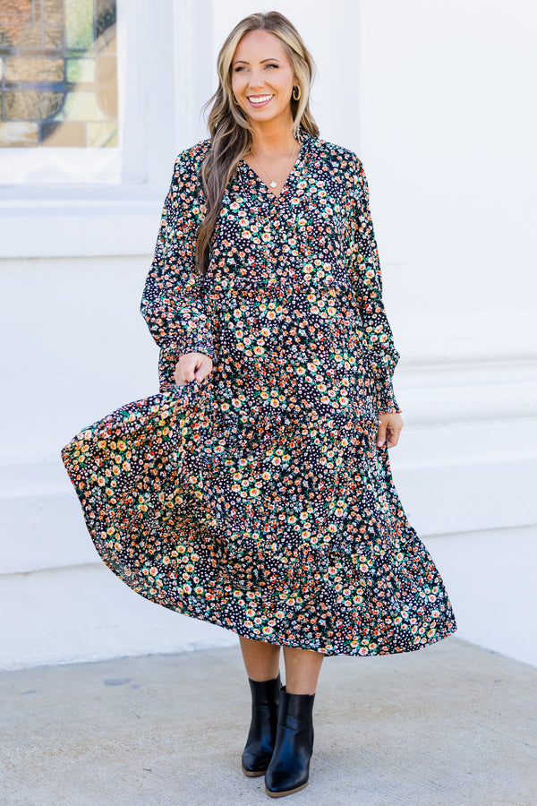 Chic Soul plus size clothing, black long sleeve midi dress with multi floral pattern with cuff sleeves and v neckline