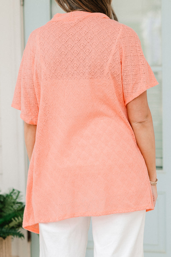 Chic Soul plus size clothing, peach short sleeve kimono with small crochet eyelet design