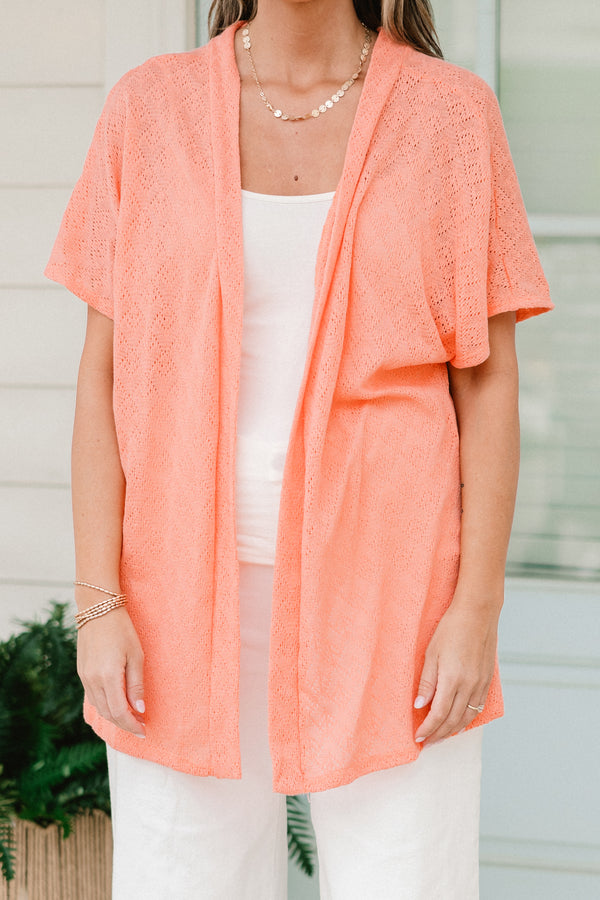 Chic Soul plus size clothing, peach short sleeve kimono with small crochet eyelet design