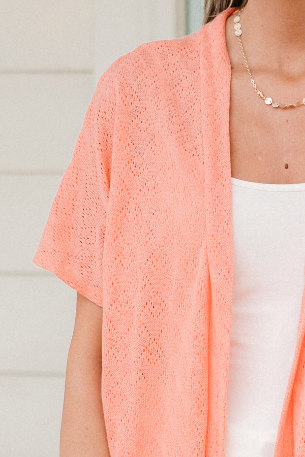 Chic Soul plus size clothing, peach short sleeve kimono with small crochet eyelet design