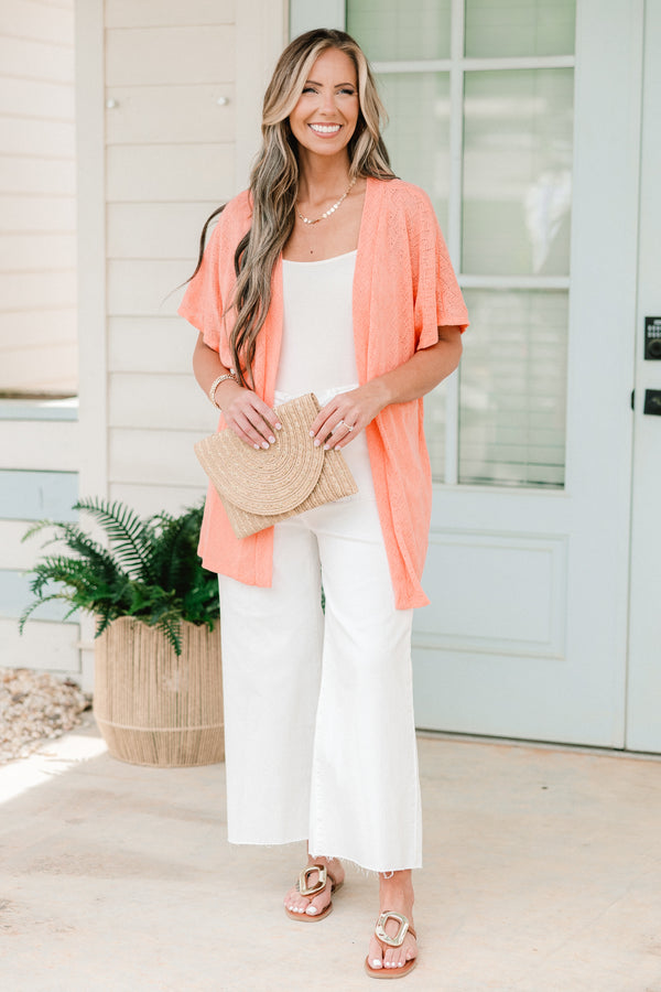 Chic Soul plus size clothing, peach short sleeve kimono with small crochet eyelet design