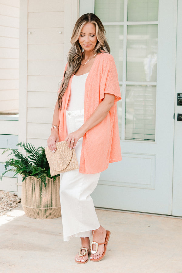 Chic Soul plus size clothing, peach short sleeve kimono with small crochet eyelet design