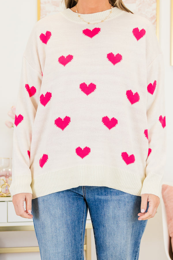Chic Soul plus size clothing, white knit sweater with pink hearts