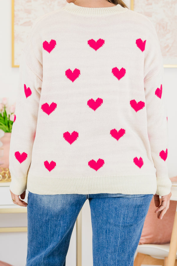 Chic Soul plus size clothing, white knit sweater with pink hearts