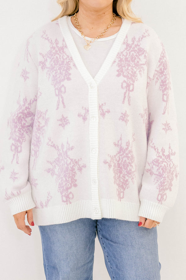 Chic Soul plus size clothing, light purple floral long sleeve button up  neck cardigan 