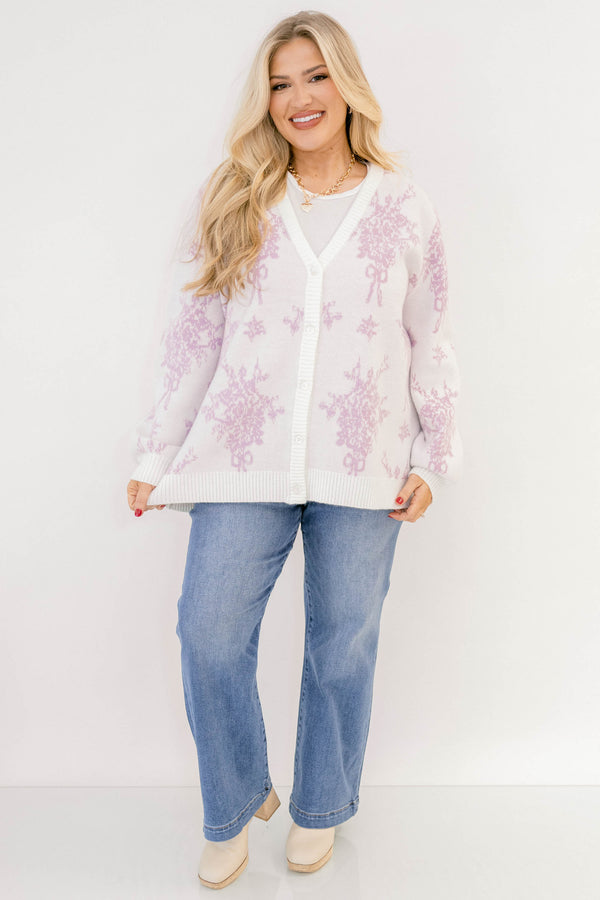 Chic Soul plus size clothing, light purple floral long sleeve button up  neck cardigan 