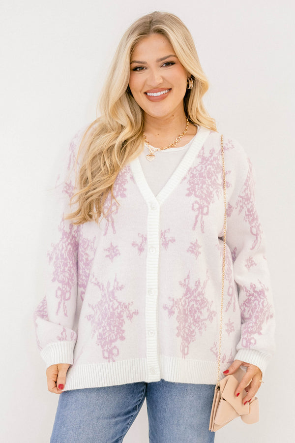 Chic Soul plus size clothing, light purple floral long sleeve button up  neck cardigan 