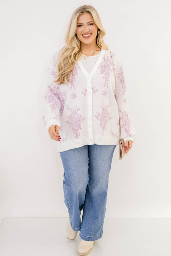 Chic Soul plus size clothing, light purple floral long sleeve button up  neck cardigan 