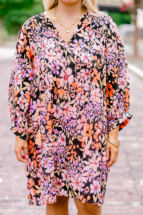 Chic Soul plus size clothing, black long sleeve dress with pink purple and orange floral pattern