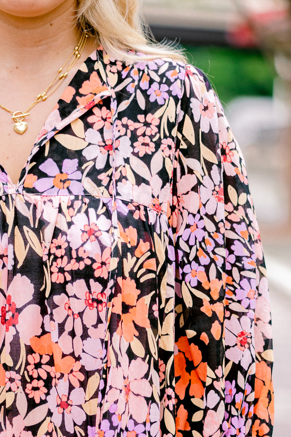 Chic Soul plus size clothing, black long sleeve dress with pink purple and orange floral pattern