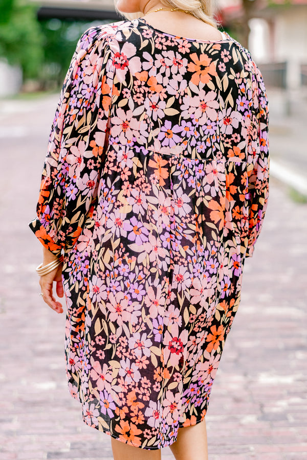 Chic Soul plus size clothing, black long sleeve dress with pink purple and orange floral pattern