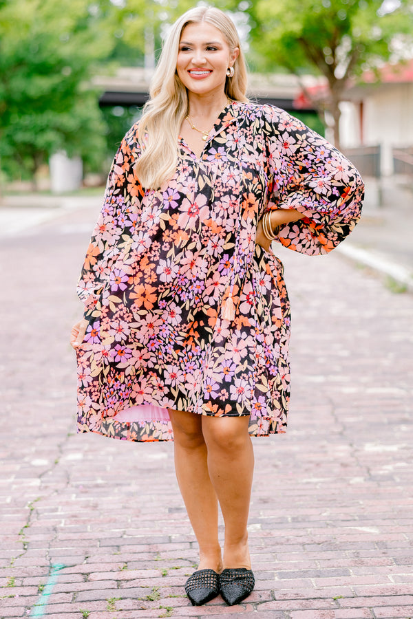 Chic Soul plus size clothing, black long sleeve dress with pink purple and orange floral pattern