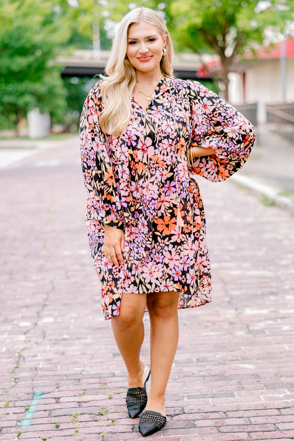 Chic Soul plus size clothing, black long sleeve dress with pink purple and orange floral pattern