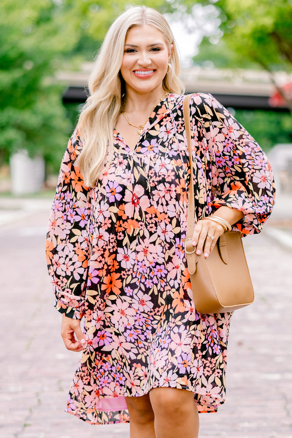 Chic Soul plus size clothing, black long sleeve dress with pink purple and orange floral pattern