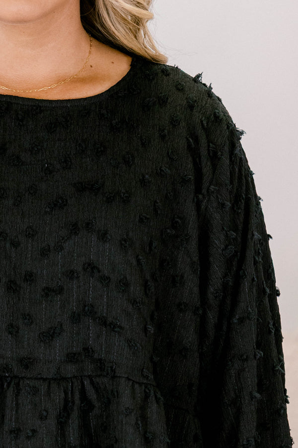 Chic Soul plus size clothing, black long sleeve babydoll top with texturing 