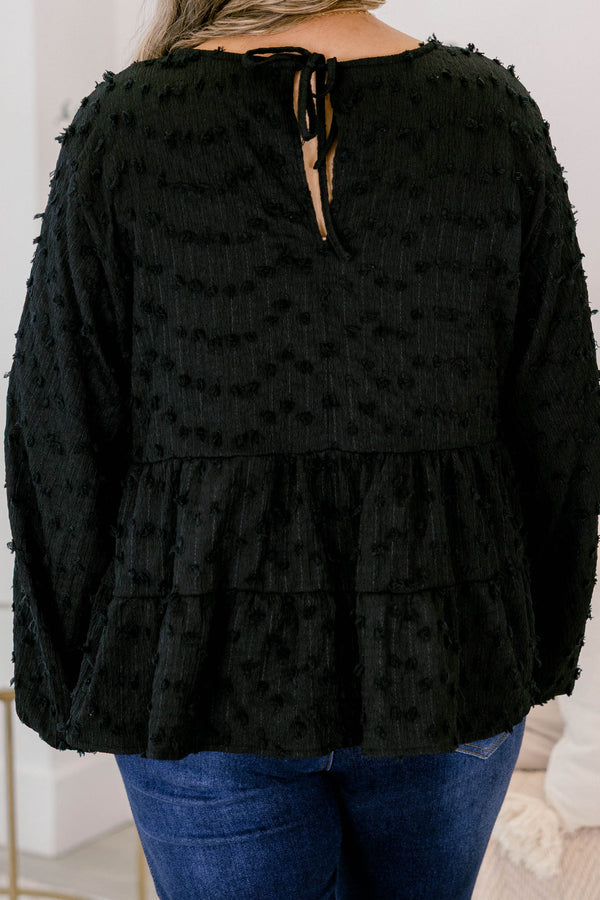 Chic Soul plus size clothing, black long sleeve babydoll top with texturing 