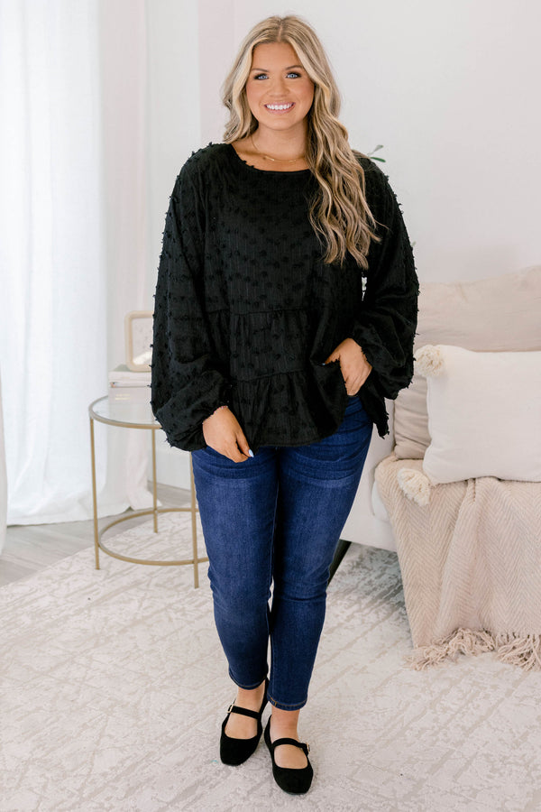 Chic Soul plus size clothing, black long sleeve babydoll top with texturing 