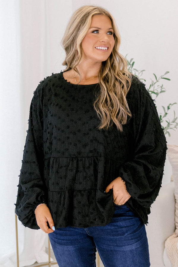 Chic Soul plus size clothing, black long sleeve babydoll top with texturing 