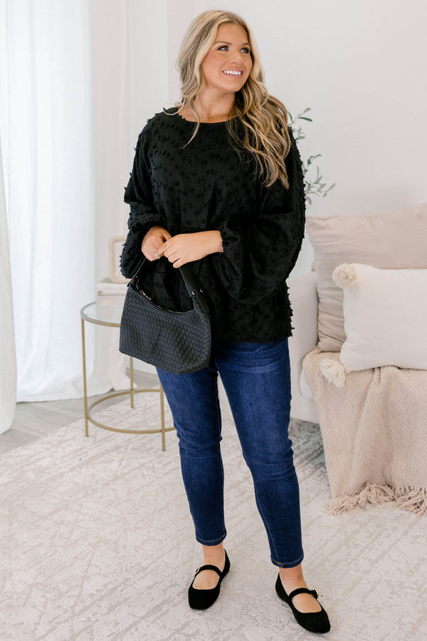Chic Soul plus size clothing, black long sleeve babydoll top with texturing 