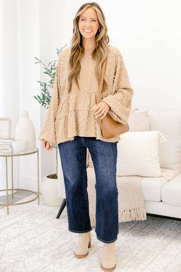 Chic Soul plus size clothing, brown long sleeve babydoll top with textured pattern throughout