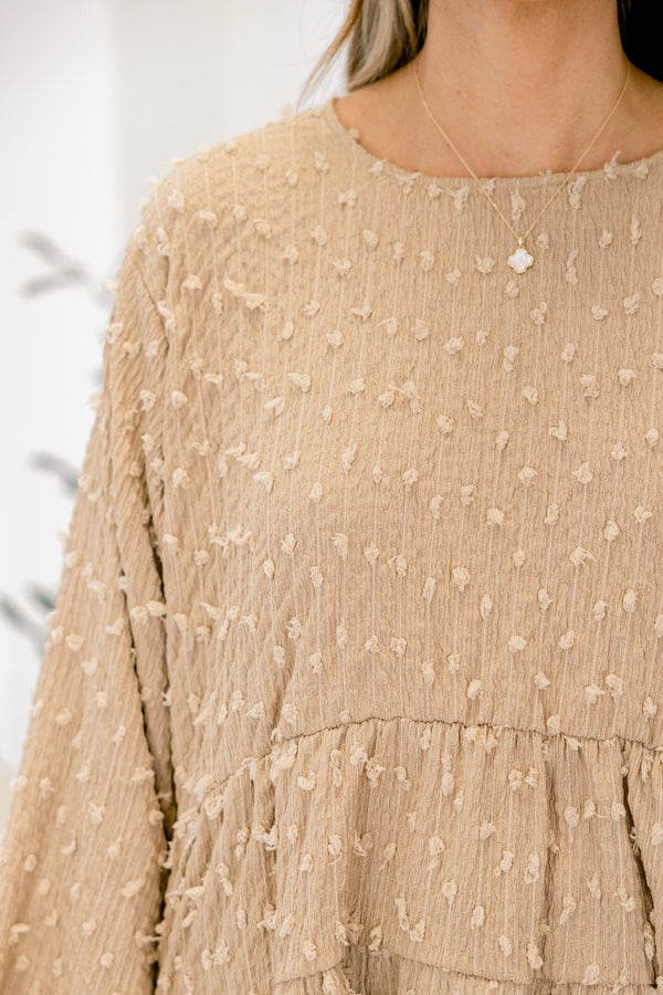 Chic Soul plus size clothing, brown long sleeve babydoll top with textured pattern throughout