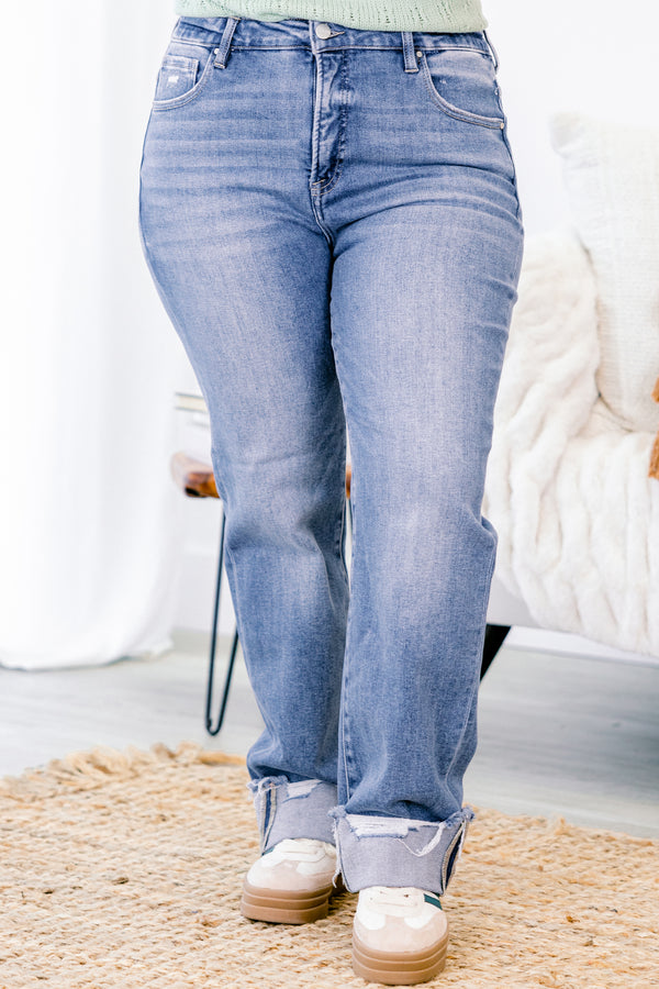 Chic Soul plus size clothing, medium washed jeans with a cuffing detail at the bottom of each pant leg and two front pockets 