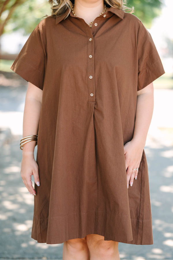 Plus Size brown cotton A-line dress with a collared neckline, short sleeves, and front buttons.