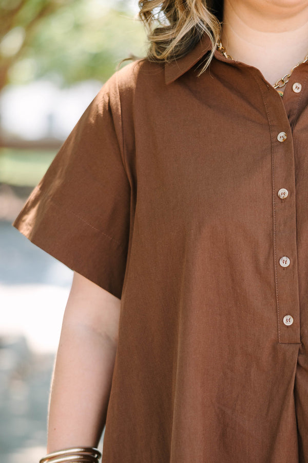 Plus Size brown cotton A-line dress with a collared neckline, short sleeves, and front buttons.