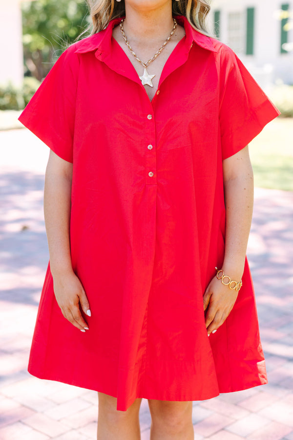 Plus Size short-sleeve red shirt dress with a collared neckline and front button details.