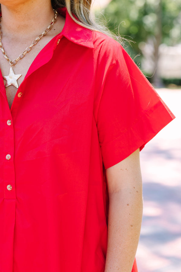 Plus Size short-sleeve red shirt dress with a collared neckline and front button details.