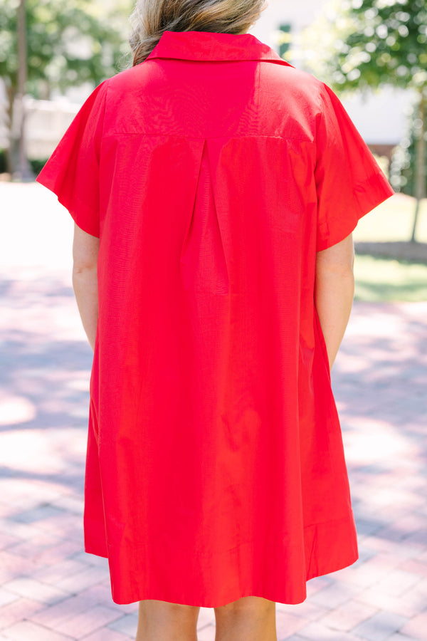 Plus Size short-sleeve red shirt dress with a collared neckline and front button details.