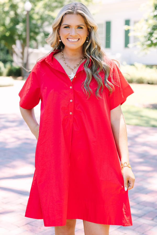 Plus Size short-sleeve red shirt dress with a collared neckline and front button details.