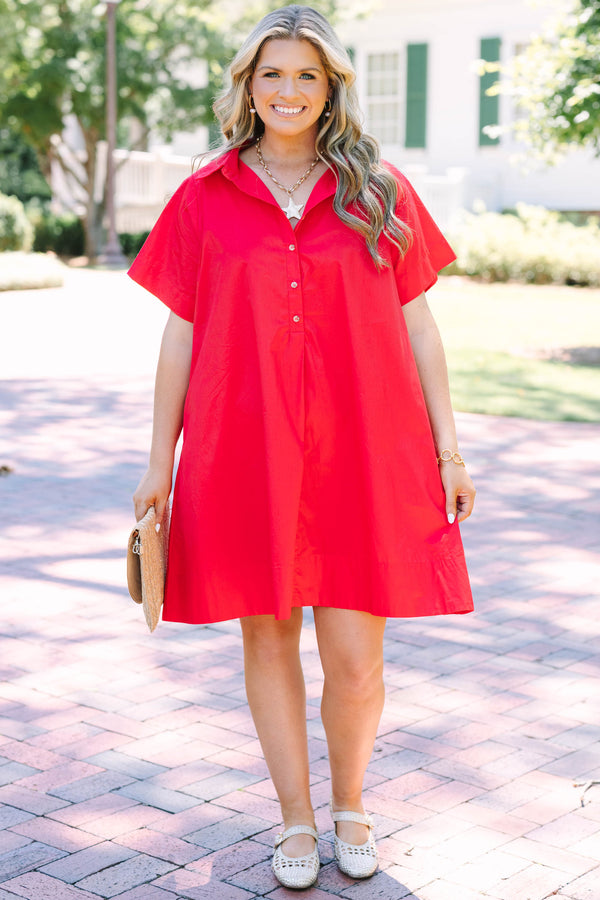 Plus Size short-sleeve red shirt dress with a collared neckline and front button details.