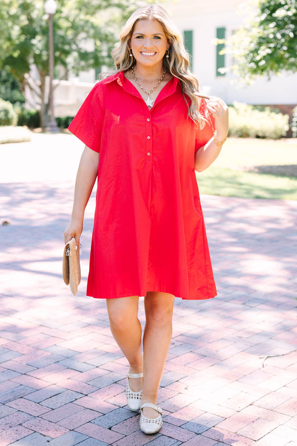 Plus Size short-sleeve red shirt dress with a collared neckline and front button details.