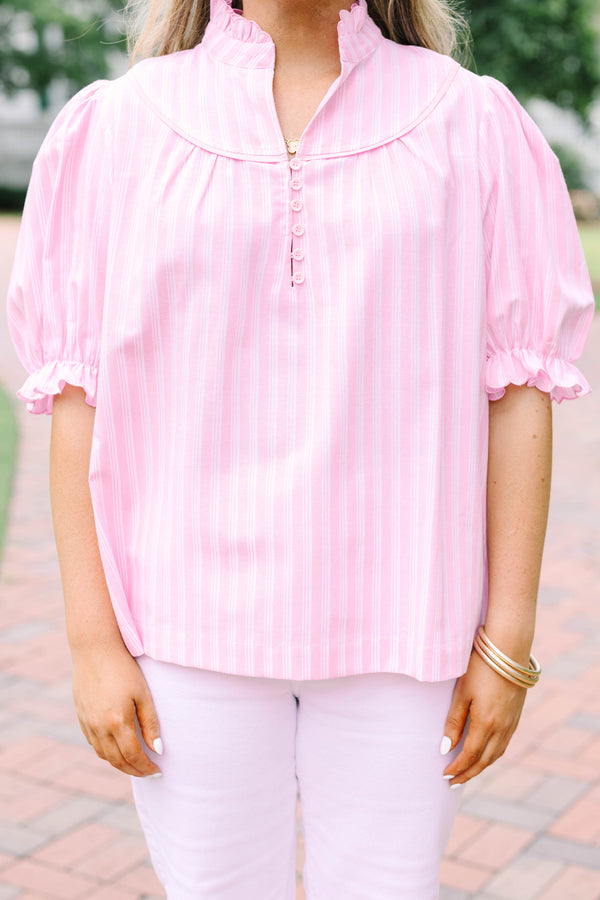 Plus Size pink and white striped top with a ruffled collar, buttoned placket, and puff sleeves.