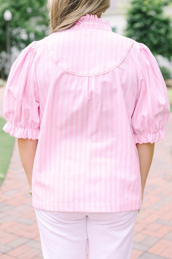 Plus Size pink and white striped top with a ruffled collar, buttoned placket, and puff sleeves.