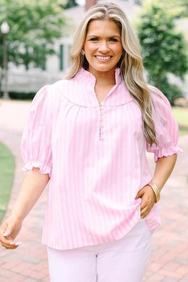 Plus Size pink and white striped top with a ruffled collar, buttoned placket, and puff sleeves.