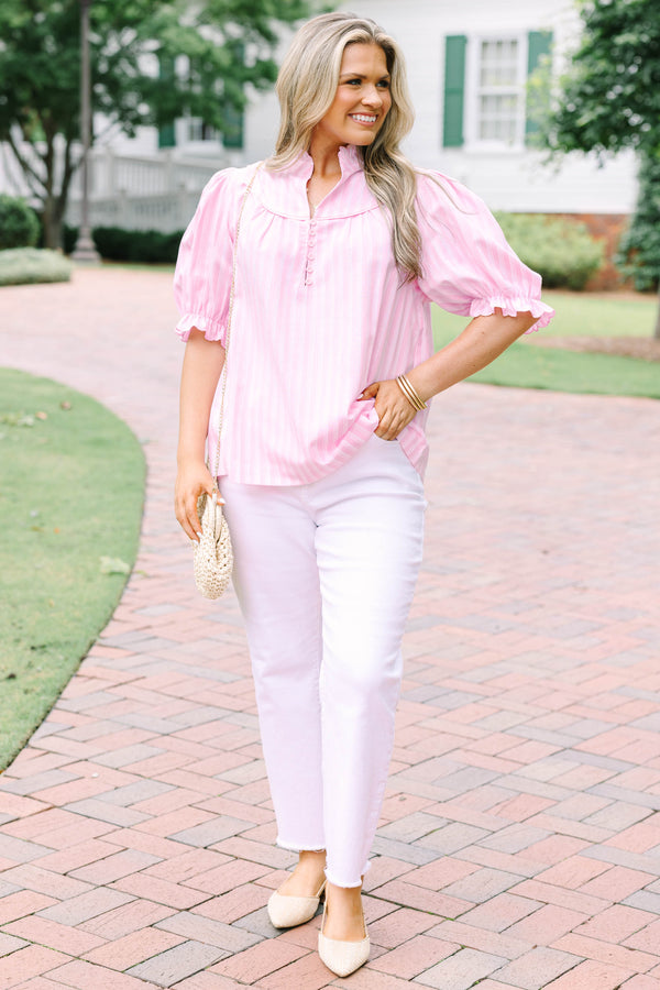Plus Size pink and white striped top with a ruffled collar, buttoned placket, and puff sleeves.