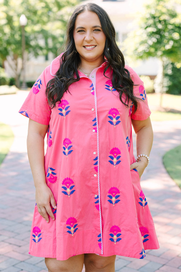 Plus Size pink button-down shirt dress with blue and magenta floral embroidery and short sleeves.