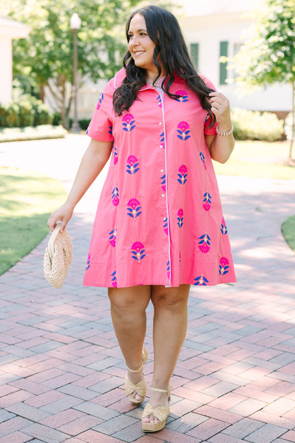 Plus Size pink button-down shirt dress with blue and magenta floral embroidery and short sleeves.