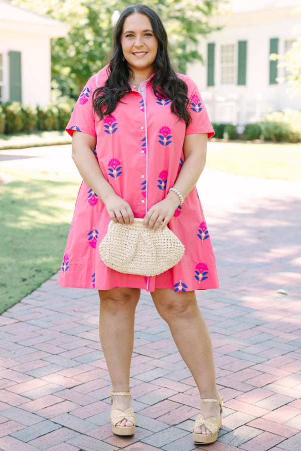 Plus Size pink button-down shirt dress with blue and magenta floral embroidery and short sleeves.