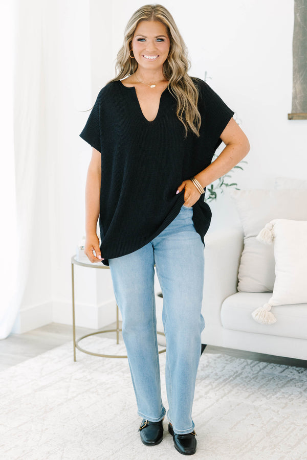 Plus size black Sweet Escape Sweater with a flowy fit, V-neck, and short sleeves.