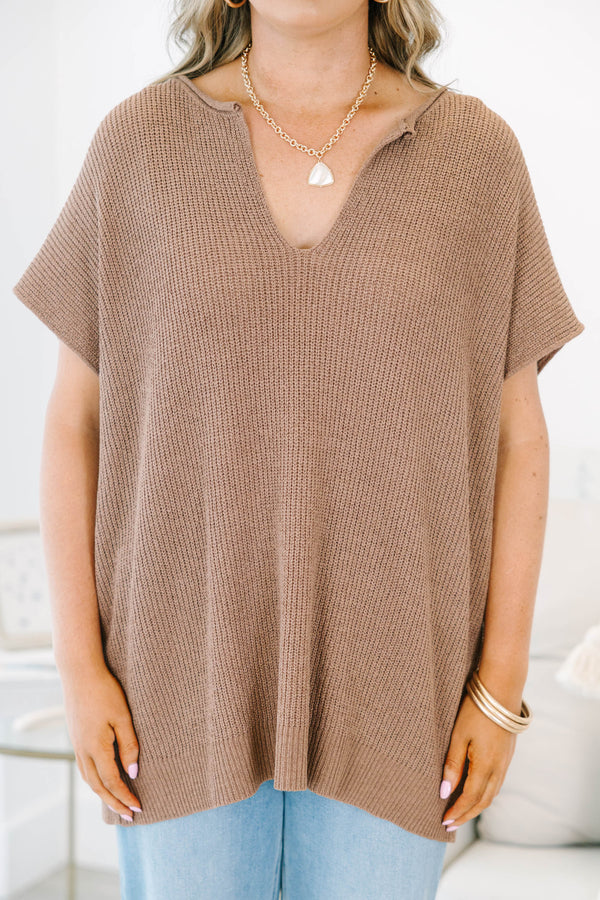 Plus size mocha sweater, featuring a flowy knit fit and v-neckline.