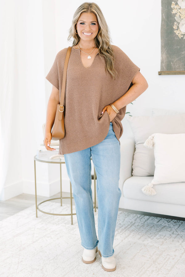 Plus size mocha sweater, featuring a flowy knit fit and v-neckline.